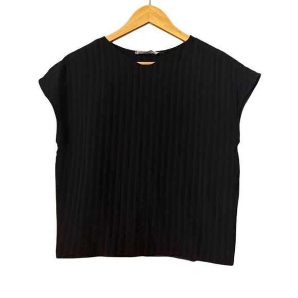 Everlane City Stripe V Neck Top Short Sleeve Pullover Black Shirt oversized - Picture 2 of 16